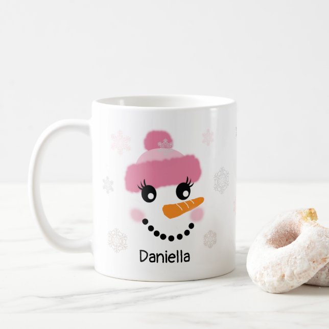 Mug Happy Snowman (Girl) et Snowflakes - Personnalisé (Avec donut)
