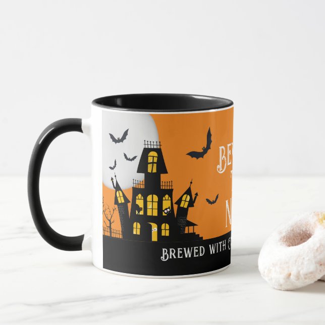Mug Haunted Halloween Maison Vampire chauve chat noir (Avec donut)