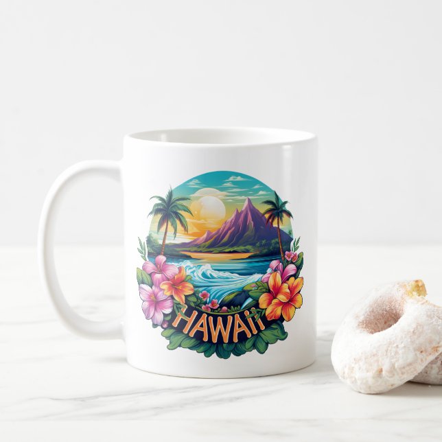 Mug Hawaii Aloha Tropical Beach Mountains Voyage (Avec donut)