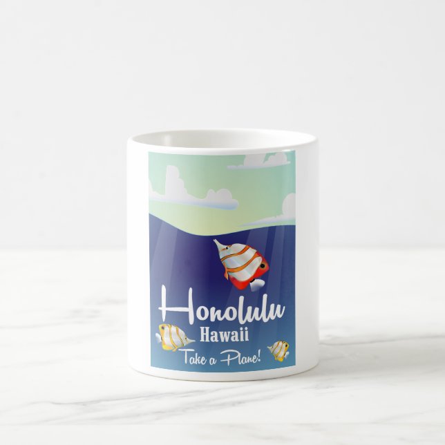 Mug Hawaii, honolulu Affiche de voyage dessin animé. (Centre)