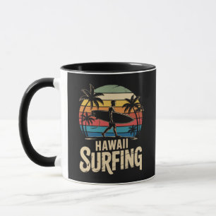 Mug hawaii surf rétro - surfeur de plage au coucher du