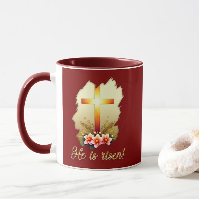 Mug He Is Risen – Christian Easter Cross Art - caneca (Avec donut)