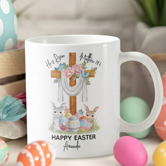 Mug He is Risen Happy Easter Gift with Cross & Bunnies