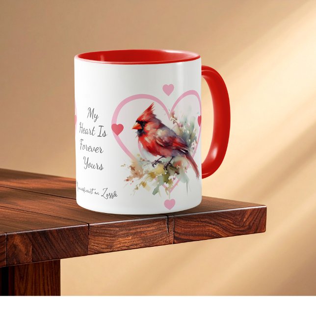 Mug  Heart  'Forever' Red Cardinal Heart Personalize (Customize the Script.)