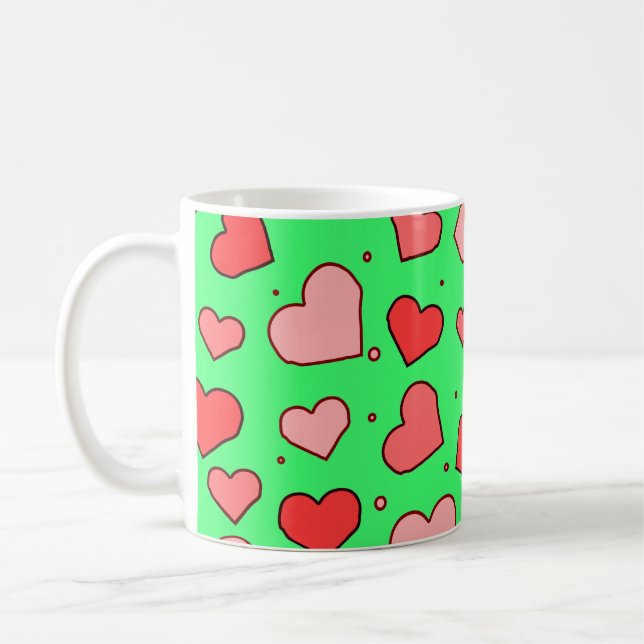 Mug Hearts Seamless Pattern on Green Background  (Gauche)
