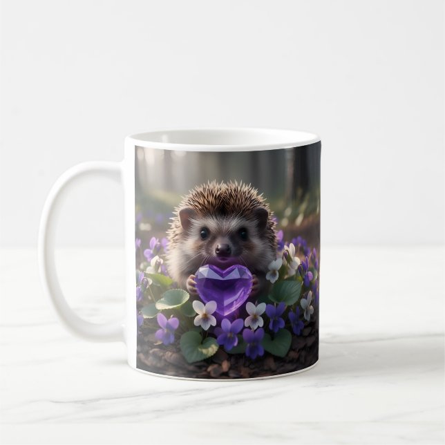 Mug Hérisson mignon de février avec cœur d'améthyste (Gauche)