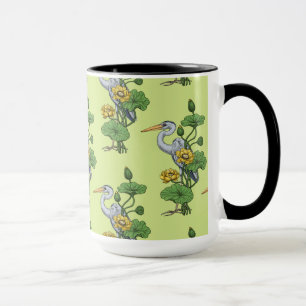 Mug Héron dans le jardin de lotus jaune sur rosée de m