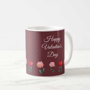 Mug Heureuse Sainte-Valentin fleurs écriture bordeaux