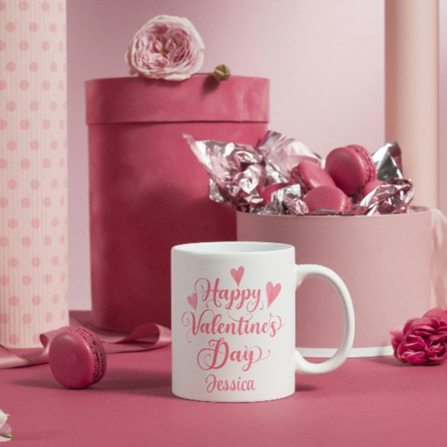 Mug Heureuse Sainte-Valentin Script Cute Coeurs Rose (Créateur téléchargé)