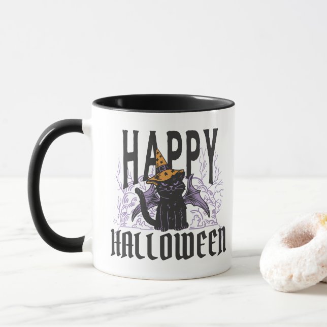 MUG HEUREUX HALLOWEEN CHAT NOIR AVIONS (Avec donut)