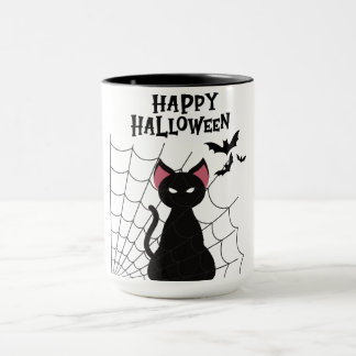 Mug HEUREUX HALLOWEEN Chat noir, chauves-souris et Web