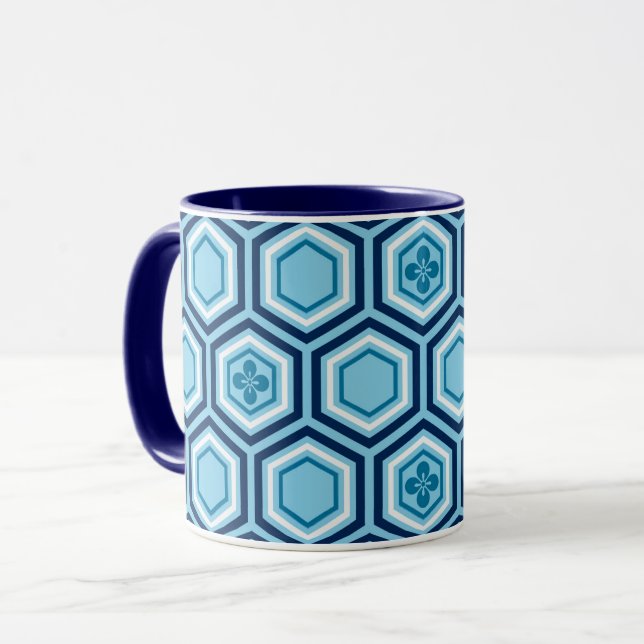 Mug Hexagonal Kimono Imprimer, Marine et Bleu clair (Devant gauche)