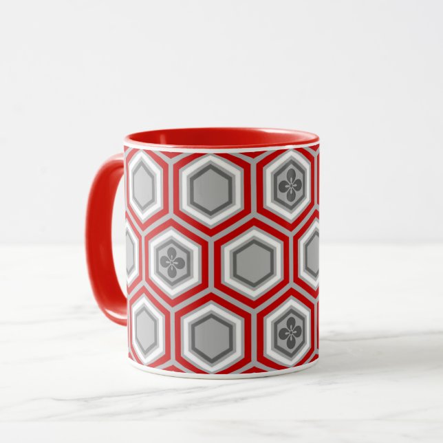 Mug Hexagonal Kimono Imprimer, rouge et gris / gris (Devant gauche)