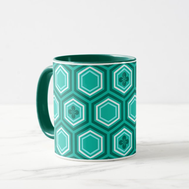 Mug Hexagonal Kimono Imprimer, Turquoise, Aqua et Blan (Devant gauche)