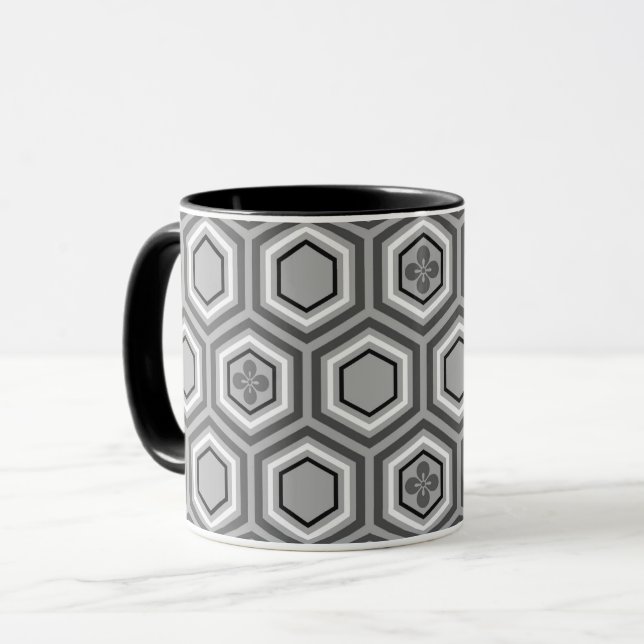 Mug Hexagonal Kimono Print, Grey / Grey and White (Devant gauche)