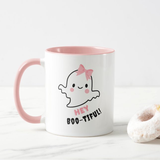 Mug Hey Boo-tiful ! Fantôme mignon Avec Halloween Bow  (Avec donut)