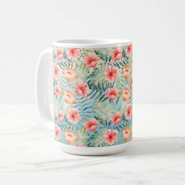 Mug Hibiscus floral Aqua rose pêche jaune (Devant gauche)