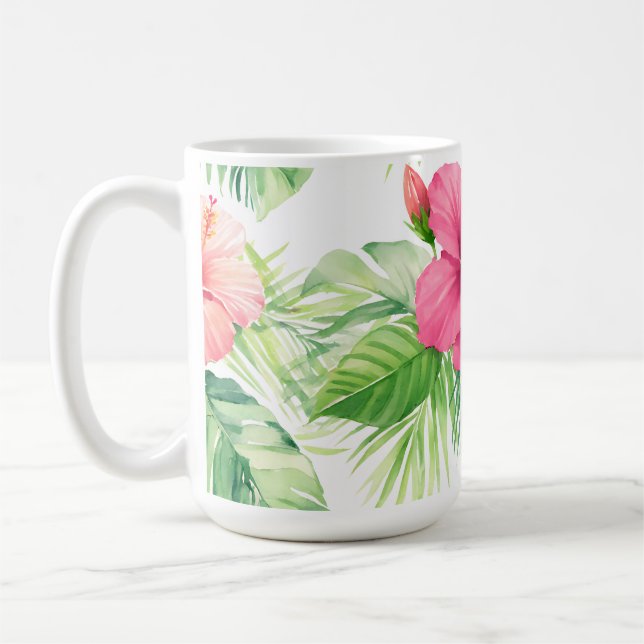 Mug Hibiscus rose tropical palmier aquarelle (Gauche)