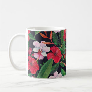 Mug hibiscus rouge, orchidées, aquarelle tropicale.