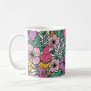 Mug Hibiscus tropical, palmier, perroquets motif.