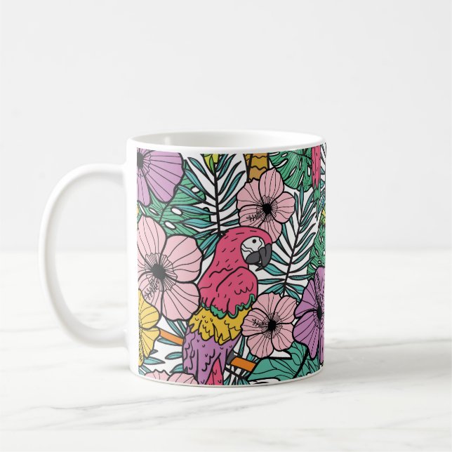 Mug Hibiscus tropical, palmier, perroquets motif. (Gauche)