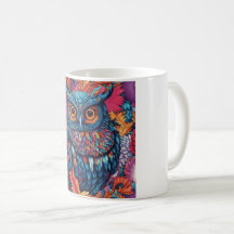 Hibou Art Dessin hibou bleu et fleurs roses