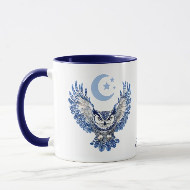 Mug Hibou de nuit bleu et lune Monogramme (Gauche)