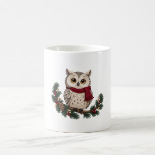 Mug Hibou d'hiver avec écharpe bordeaux et branche de