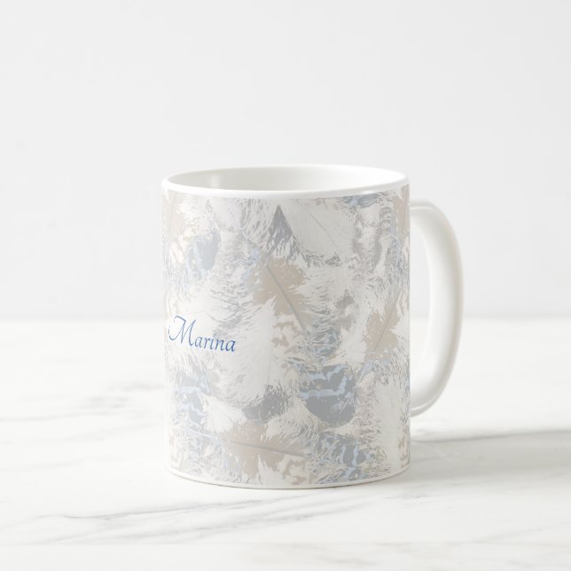 Mug hibou Plumes, gris, beige et bleu, oiseau, léger, (Devant droit)