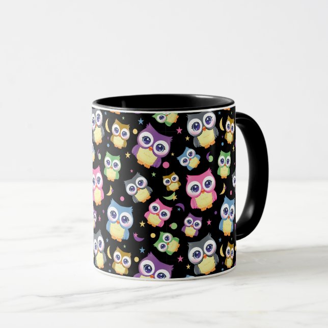 Mug Hiboux de dessin animé mignons ciel nocturne lune  (Devant droit)