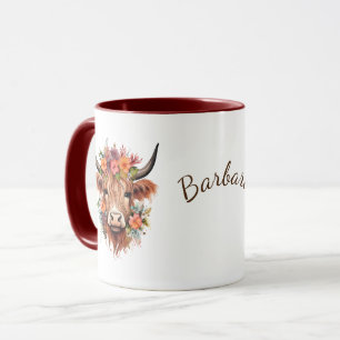 Mug Highland Cow Boho Flower Nom personnalisé