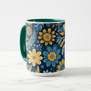 Mug Hippie rétro Fleurs Vintages Design bleu jaune