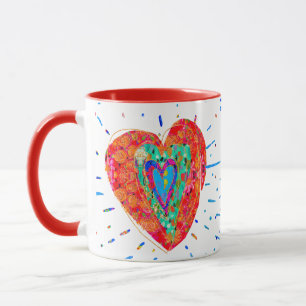 Mug Hippie rouge rose turquoise Coeur d'aquarelle rétr