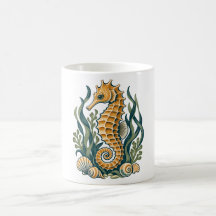 Hippocampe doré avec herbes marines et coquillages