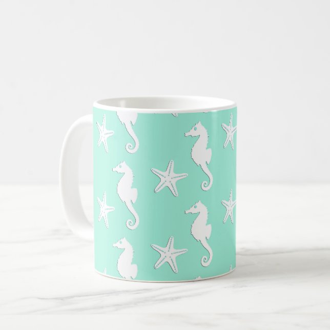 Mug Hippocampe et étoiles de mer - blanc sur l'aqua (Devant gauche)
