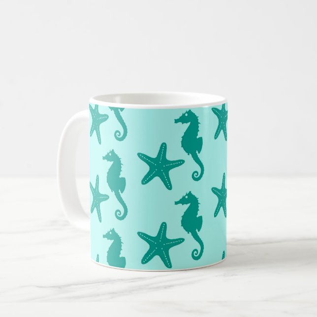 Mug Hippocampe et poisson étoile - turquoise et aqua (Devant gauche)