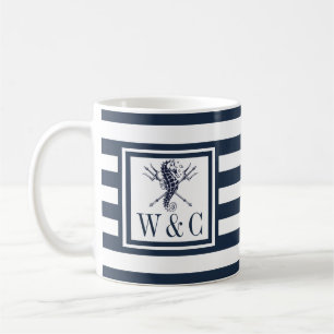 Mug Hippocampe Monogramme Rayure Bleu Marine Nautique