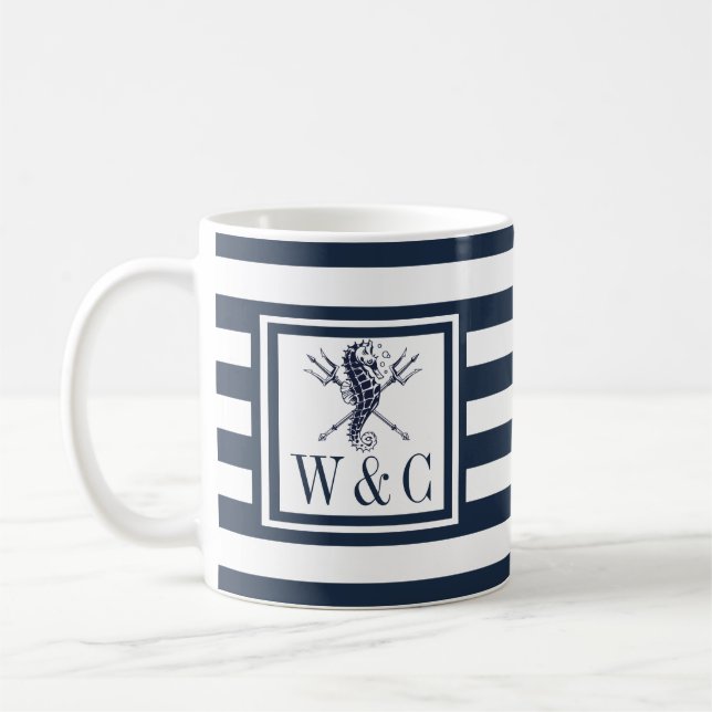 Mug Hippocampe Monogramme Rayure Bleu Marine Nautique (Gauche)