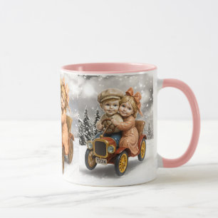 Mug hiver rétro. Enfants en voiture ancienne.