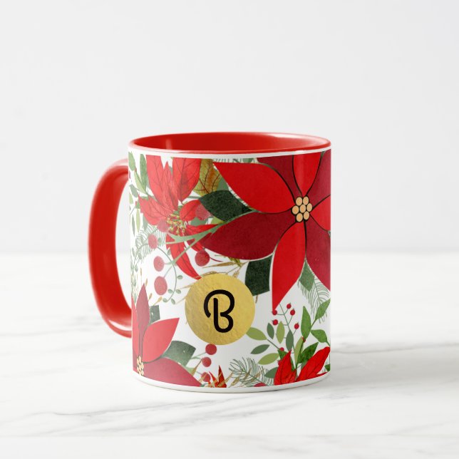 Mug Hiver Rouge Blanc Or Poinsettie vacances Personnal (Devant gauche)