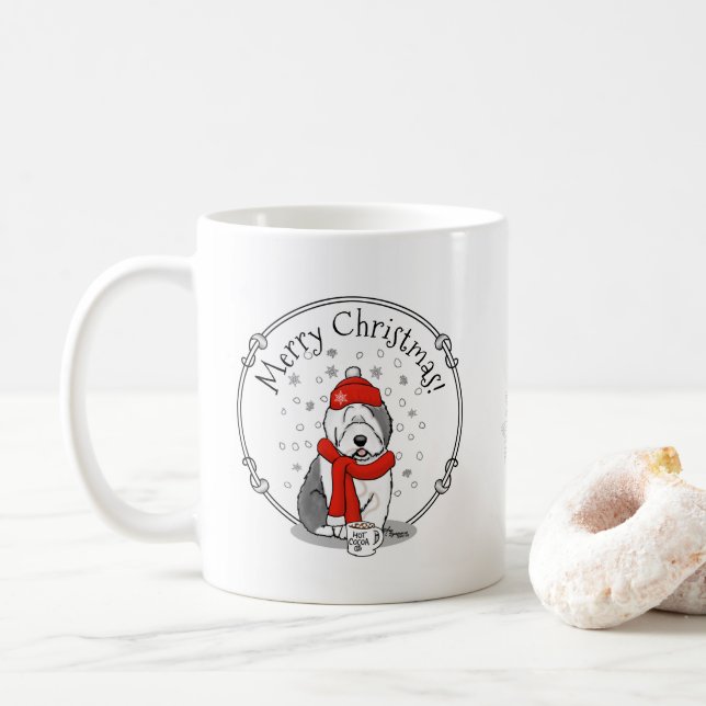 Mug Hiver (rouge) Vieux chien anglais (gris 1) Mignonn (Avec donut)