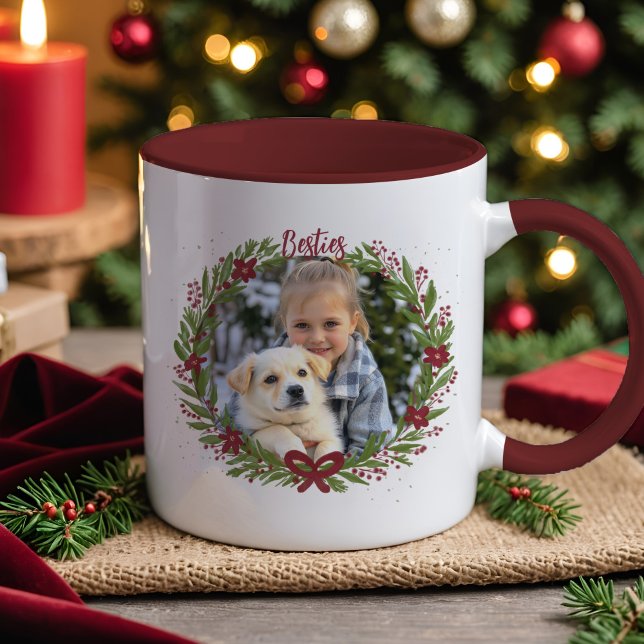 Mug Holiday Photo Elegant Wreath Red Christmas Bow (Personalized holiday mug with your photos, hand-painted wreath, and festive red bow design.)