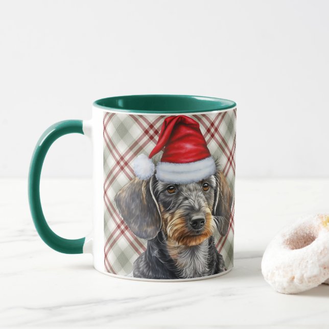 Mug Holiday Plaid Wire Hair Dachshund Santa Dog (Avec donut)