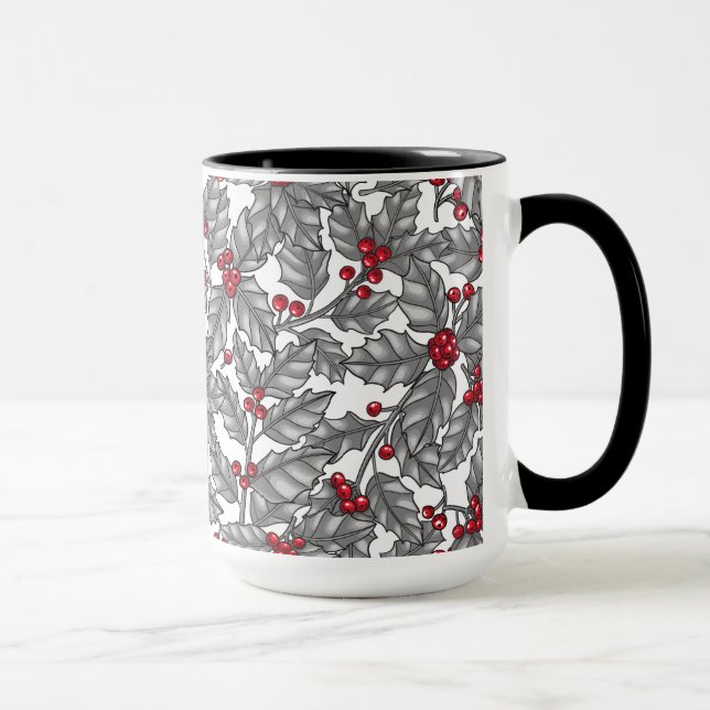 Mug Holly berry, feuilles gris sur blanc (Droite)