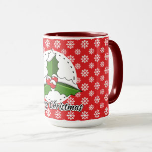 Mug Holly on Red White Snowflakes