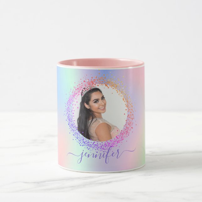 Mug Holographe photo rose violet nom script (Centre)