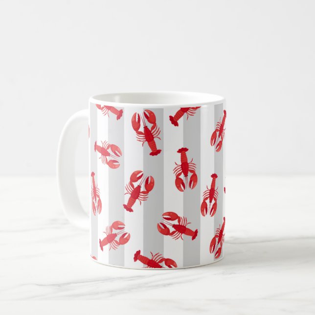 Mug Homards Rouges Illustrés sur Rayures Gris Clair (Devant gauche)