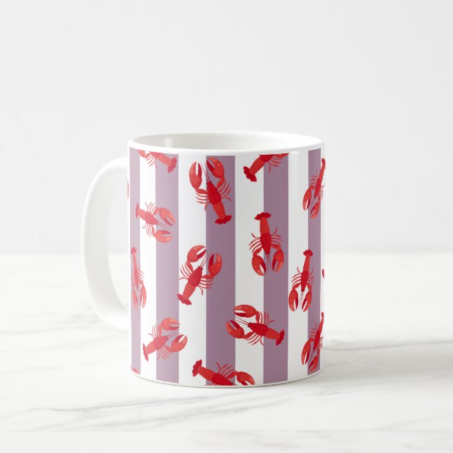 Mug Homards Rouges Illustrés sur Rayures Gris-Rose (Devant gauche)