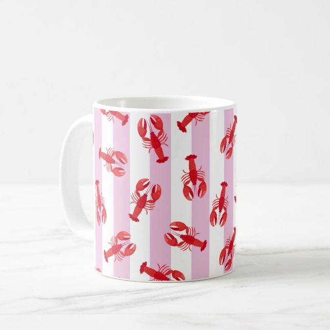 Mug Homards Rouges Illustrés sur Rayures Rose Clair (Devant gauche)