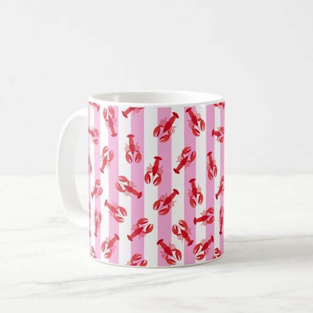 Mug Homards Rouges Illustrés sur Rayures Roses (Devant gauche)